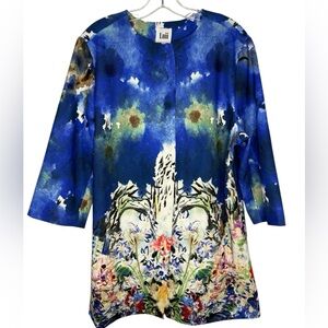 Luii Watercolor Floral Print Coat Jacket 3/4 Sleeve Blue Multicolor XL